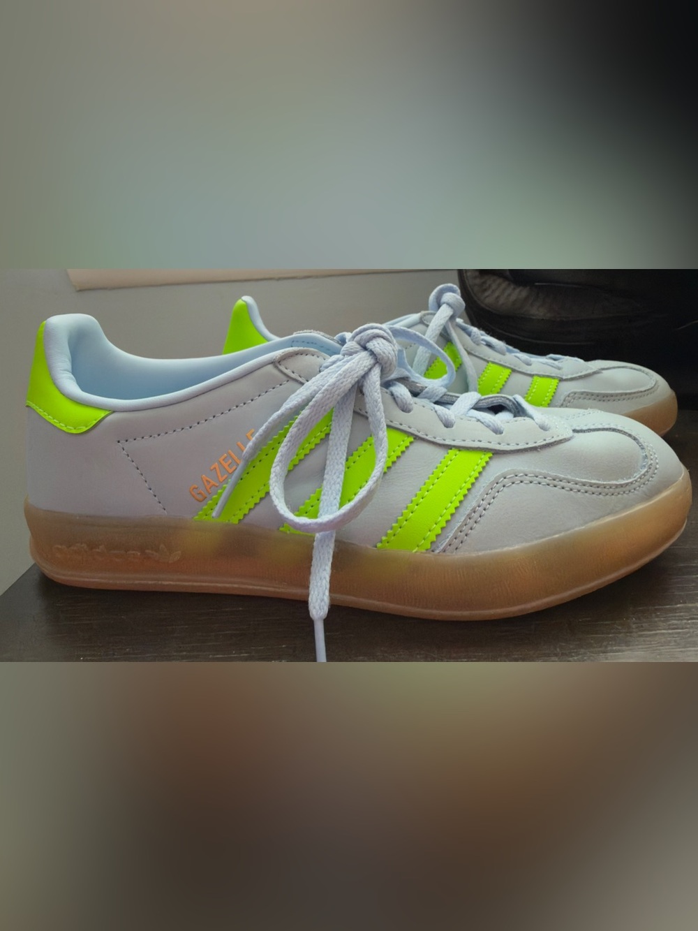 adidas baby blue Gazelle Sneakers with Neon green stripes